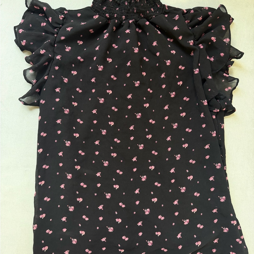 1 State Black Floral Ruffle Sleeve Blouse with Pink Ditsy Print